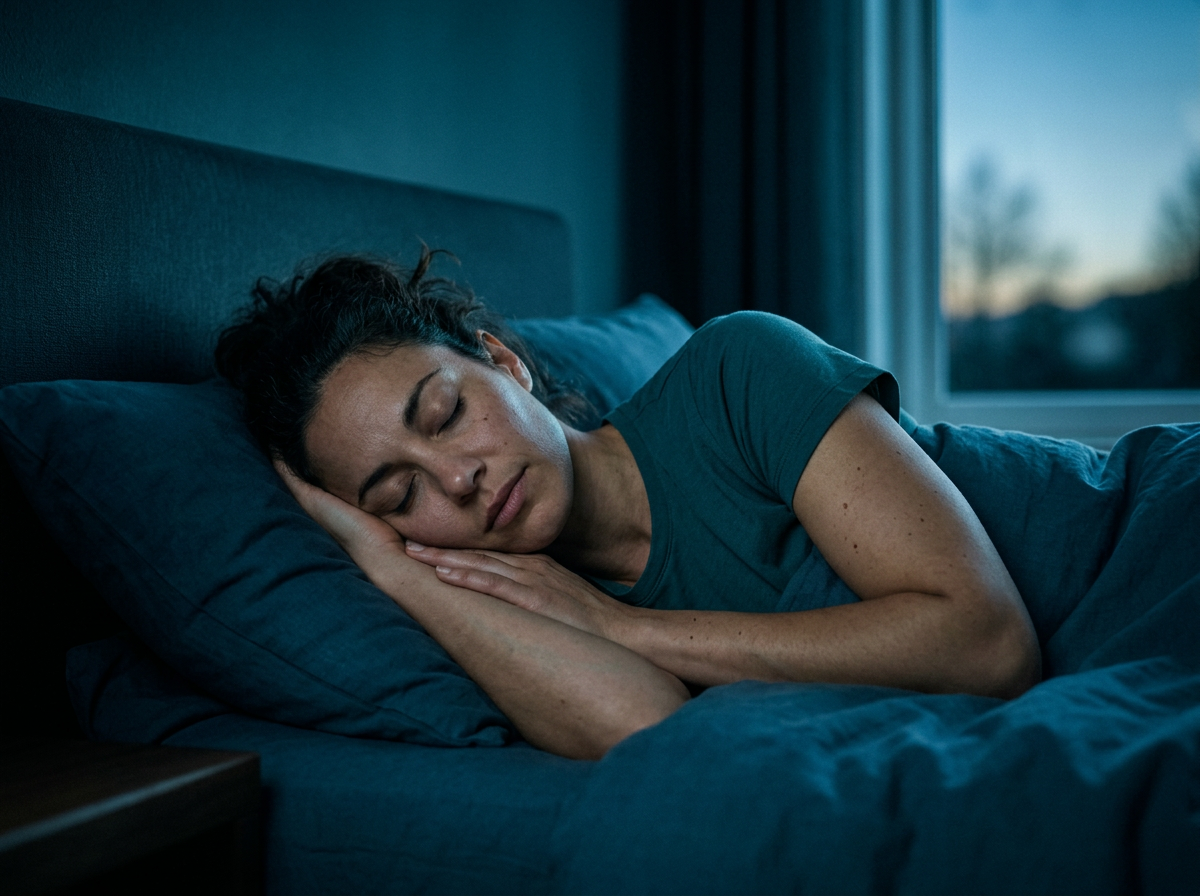 A fit young woman sleeping peacefully in a dark bedroom before dawn
