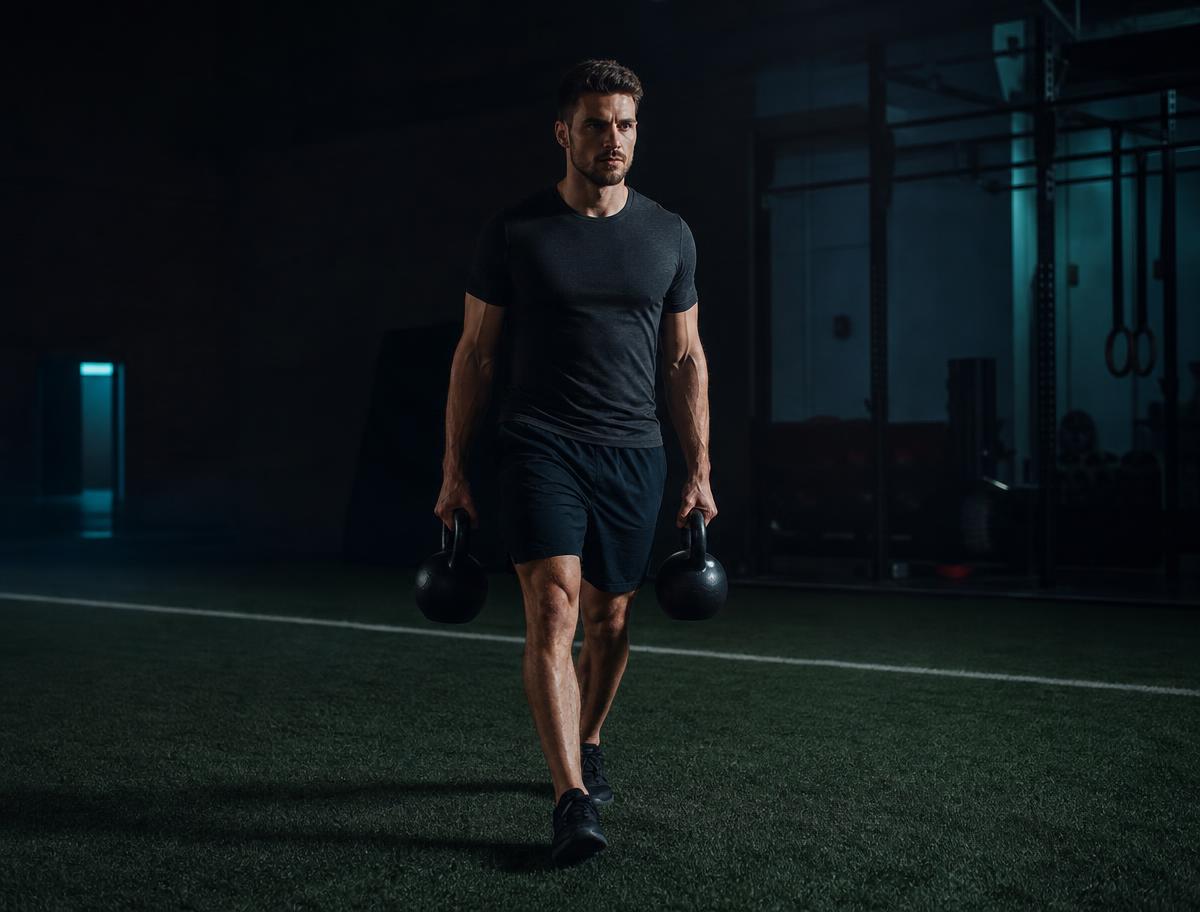 A fit young man carrying kettlebells across a gym turf field